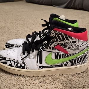 Jordan Men’s Mid-Top Sneakers in White, Black, Neon Green & Hot Pink
